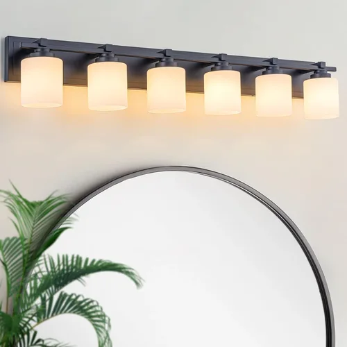 Miniatura 12 de 1 Luminaria Moderna de Baño sobre Espejo, Luces de Tocador Negro Dorado para Apliques de Pared de Baño con Pantallas de Vidrio Blanco Lechoso