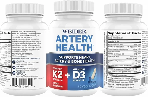 Miniatura 7 de Weider Artery Health - Flexibilidad arterial y salud cardíaca - con vitamina K2, D3 y jengibre - Apoyo óseo e inmunológico* - Sin gluten y vegano