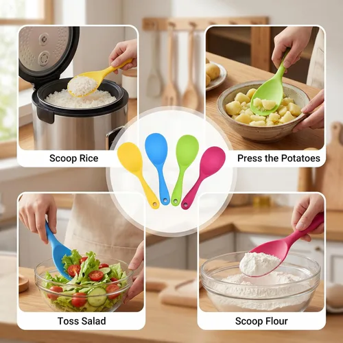 Miniatura 5 de KSENDALO Paquete de 4 cucharas de arroz de silicona, paleta de arroz antiadherente, ecológica/resistente al calor, funciona para arroz/puré de papa
