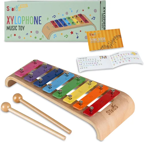 Stoie's Xilófono de madera para niños y bebés, diseño curvo, 8 notas de color arcoíris, xilófono afinado en clave de Do con baquetas, libro de