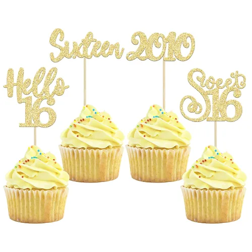 Miniatura 24 de Gyufise 1 Pieza Dulce Adolescente 16 Decoración para Pastel con Purpurina Palillo de Pastel de 16 Cumpleaños para Brindis por 16 Años de Edad