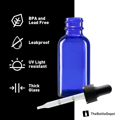 Miniatura 3 de The Bottle Depot - Paquete de 24 - Botella de vidrio de 1 oz con cuentagotas - Azul - Acabado de cuello 20-400 - Botellas redondas Boston