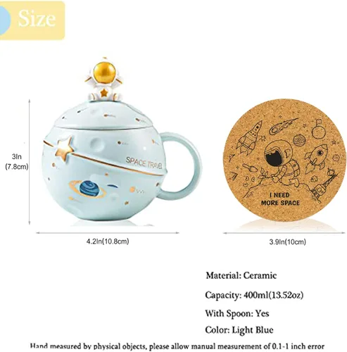 Miniatura 4 de Yalucky Taza Kawaii de Astronauta Copa Espacial con Planeta en Relieve, Linda Taza de Café de Cerámica, Taza Novedosa con Tapa y Cuchara para Café