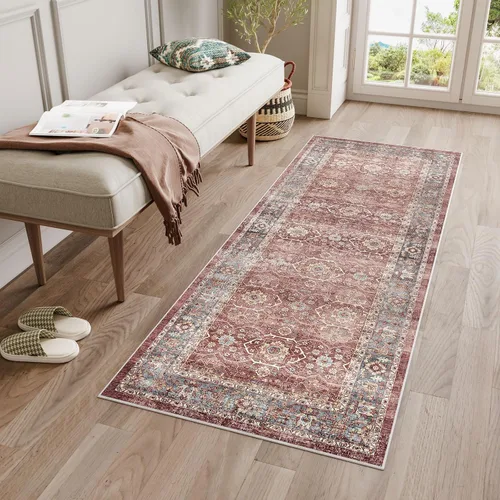 Miniatura 56 de Dripex - Tapete de pasillo lavable de 2 x 8 pies desgastado, medallón oriental, antideslizante, resistente a las manchas, plegable y delgado