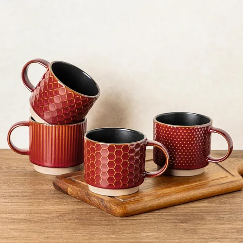 Miniatura 10 de GBhome Tazas de café apilables de 6 onzas, tazas de café de cerámica con patrones de textura para hombre, mujer, papá, mamá, juego de 4 tazas