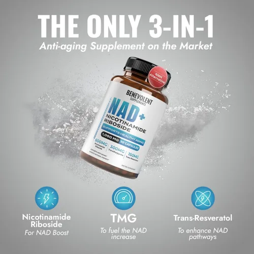 Miniatura 6 de Benevolent NAD+ Suplemento de 1050 mg, absorción máxima 3 en 1 NAD suplementos para mujeres y hombres con ribósido de nicotinamida