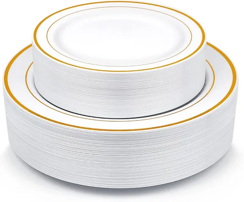 MCIRCO - Platos de plástico dorados, 100 platos desechables de fiesta para bodas, platos de borde dorado de primera calidad, incluye 50 platos