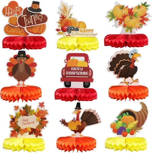 Centro de mesa de nido de abeja de Acción de Gracias, 9 piezas, pavo, panal, calabaza, panal de abeja de Acción de Gracias, centro de mesa para