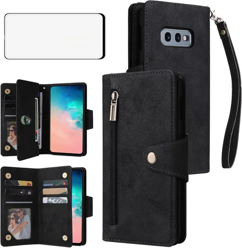 Asuwish Funda de teléfono para Samsung Galaxy S10e, funda tipo cartera y protector de pantalla de vidrio templado, soporte para tarjeta de crédito,