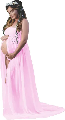 Vestido de maternidad sin tirantes para mujer, con hombros descubiertos, para fotografía, vestido de gasa con abertura frontal para sesión de fotos