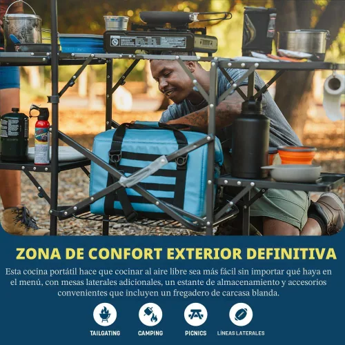 Miniatura 3 de GCI OUTDOOR Master Cook Station Mesa de cocina plegable portátil con fregadero de carcasa blanda, superficie de mesa resistente al calor y poste