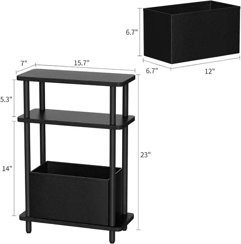 Miniatura 3 de THUMEYE Mesa auxiliar estrecha con cesta de tela, 7 pulgadas de ancho, mesa auxiliar delgada de 3 niveles con patas de madera, mesita de noche