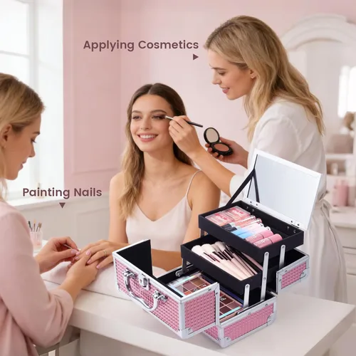 Miniatura 7 de Estuche de Tren de Maquillaje FRENESSA Caja de Maquillaje Organizador Portátil Estuche de Cosméticos para Viaje Estuche de Maquillaje con Espejo