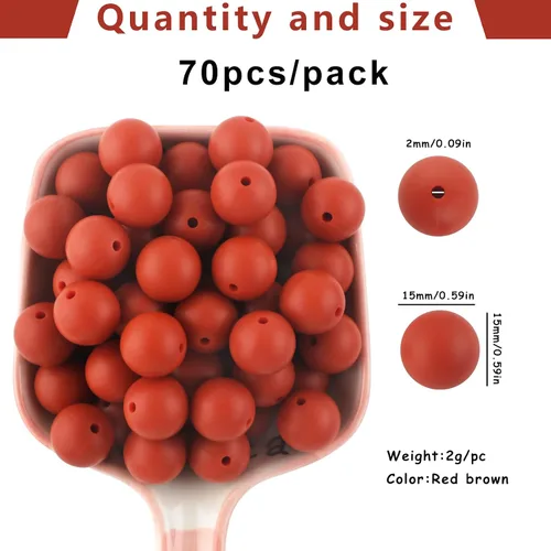 Miniatura 2 de Sunrony 70 cuentas de silicona para hacer collares, cuentas redondas de silicona a granel de 0.59 pulgadas para bolígrafos (rojo marrón)