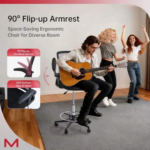 Miniatura 5 de Silla de dibujo, silla de oficina alta con soporte lumbar, silla de oficina alta con reposabrazos abatibles, silla de escritorio de pie con anillo