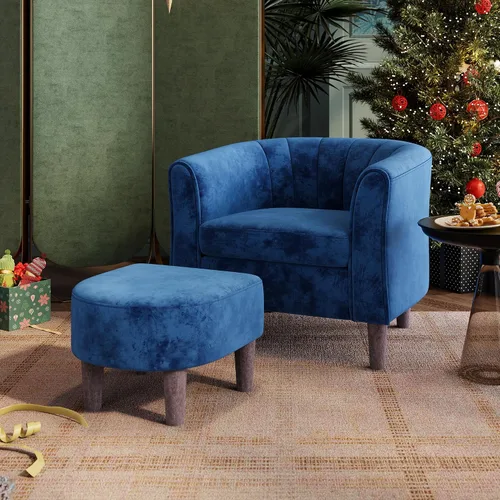 Miniatura 9 de LINSY Silla decorativa con otomana, sillón moderno, cómoda silla de lectura de barril con reposapiés para sala de estar, dormitorio, sala de Beige