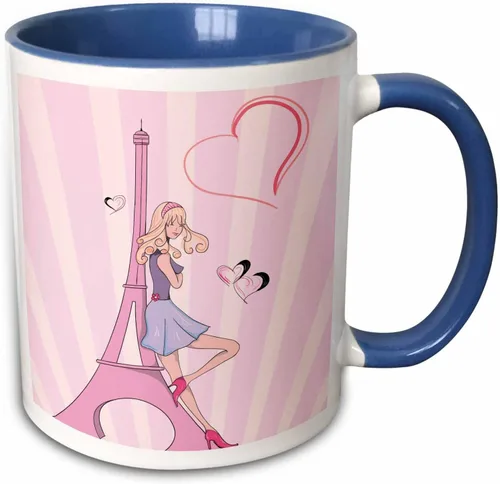 Miniatura 11 de 3dRose Girly Pink Girl Eiffel Tower and Hearts Paris Love Vector Illustration Taza de dos tonos, 11 onzas, negro/blanco