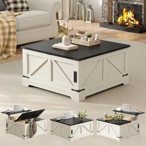 Vabches Mesa auxiliar elevable de 35.4 pulgadas con almacenamiento, mesas de centro cuadradas de granja para sala de estar, mesa central con