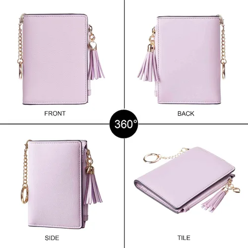 Miniatura 3 de Gostwo Mini cartera pequeña plegable para mujer con borla y bolsillo con cremallera para monedas, Purple With Key Chain