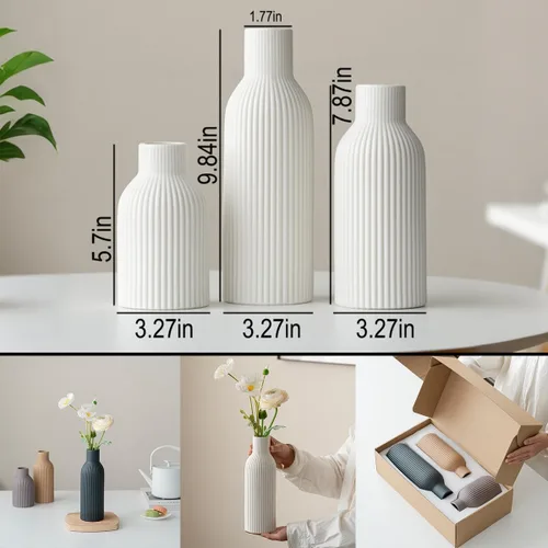 Miniatura 2 de Juego de 3 jarrones de cerámica modernos, jarrones decorativos acanalados blancos, centro de mesa para decoración del hogar, regalos de cumpleaños