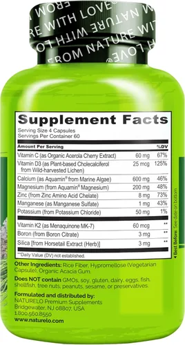 Miniatura 7 de NATURELO Suplemento de Calcio – con Vitamina C, Vitamina D3, K2, y Calcio Magnesio Zinc para la Fortaleza Ósea con Calcio 600mg – a Base de Plantas