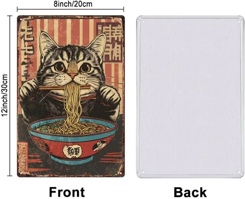 Miniatura 2 de SUPERDANT Cartel de metal retro con diseño de gato que come fideos, letrero decorativo de dibujos animados para el hogar, sala de estar, dormitorio