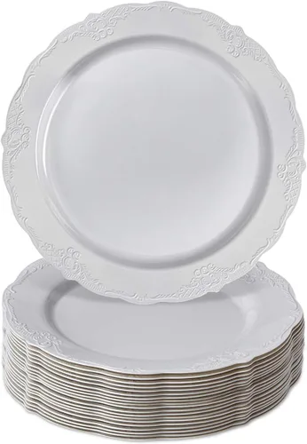 Miniatura 15 de Juego de vajilla desechable, 20 platos de pastel (vintage, crema, 9 pulgadas)