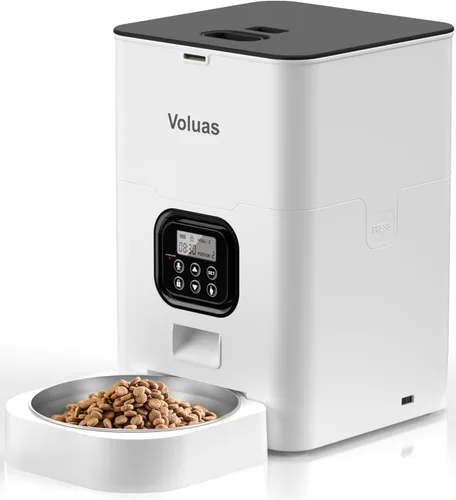 VOLUAS Comederos automáticos para gatos, comedero cronometrado para mascotas para gatos y perros con dispensador de alimentos secos, bolsa blanco