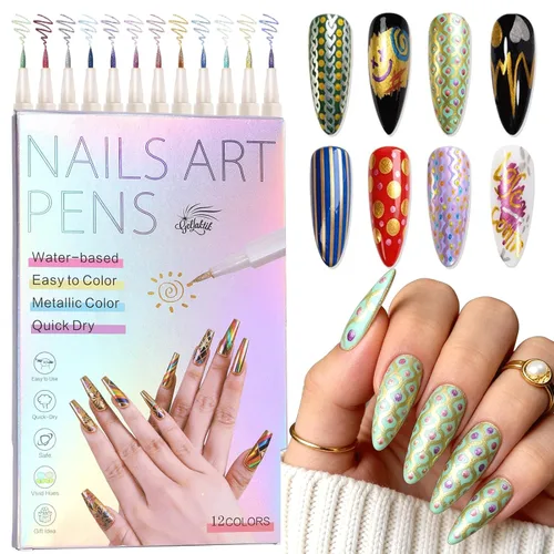 Juego de bolígrafos metálicos para arte de uñas, 12 colores, bolígrafos de esmalte de uñas de 0.020 in, marcadores de pintura acrílica para uñas,