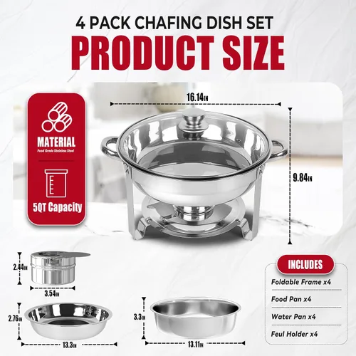 Miniatura 2 de IMACONE Juego de Bandejas Calentadoras de Buffet 4 Piezas, 5QT Redondas de Acero Inoxidable con Tapa de Vidrio para Catering, Conjuntos
