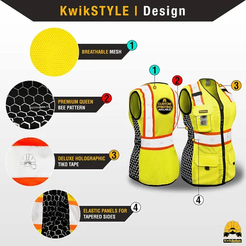 Miniatura 2 de KwikSafety QUEEN BEE - Chaleco de seguridad para mujer [amarillo, L] + paquete de casco duro de ala completa TORTOISE