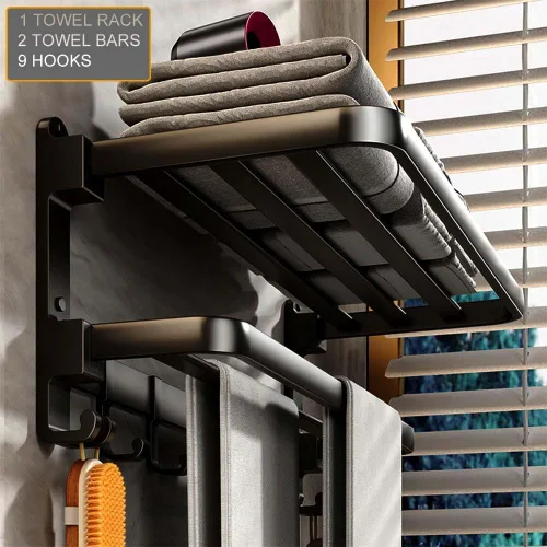 Miniatura 4 de Toallero de pared negro mate, sin taladro ni tornillo, longitud de la ducha de baño, barra de toalla doble de 24 pulgadas con estante para toallas