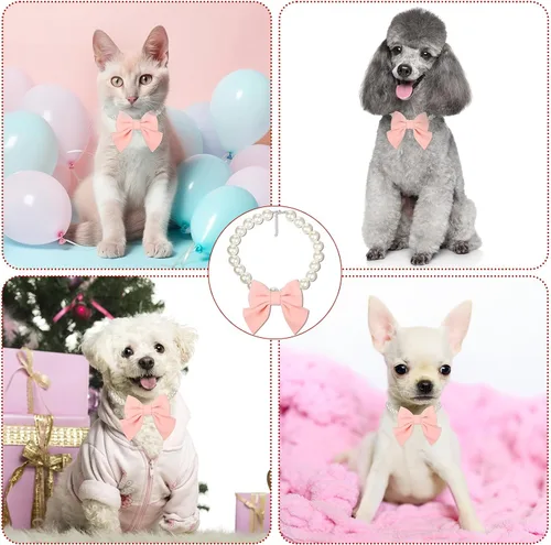 Miniatura 4 de LEIFIDE Collar de perlas para perro, joyería con colgante de lazo rosa, collares de perlas elegantes, collar ajustable para perros y gatos, collar