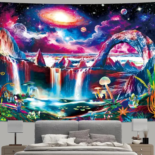 Miniatura 2 de Tapiz de luz negra, galaxia y planeta, tapiz reactivo a los rayos UV, tapiz de cascada de montaña para dormitorio, estético, ola misteriosa, lago