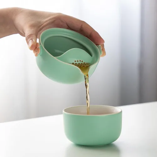 Miniatura 3 de HEER Travel Gaiwan - Juego de té para uno, juego de tazas de tetera portátil de porcelana, diseño de flor de ciruelo, regalo para mujeres (azul)
