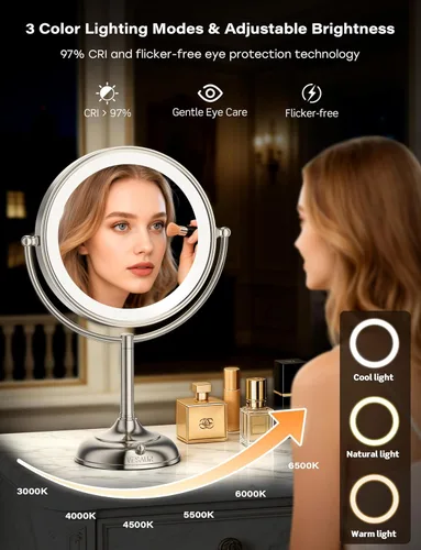 Miniatura 3 de VESAUR Espejo de maquillaje iluminado 2026 actualizado 20X con aumento, espejo de aumento de 9 pulgadas 1X10X con 3 modos de color y brillo