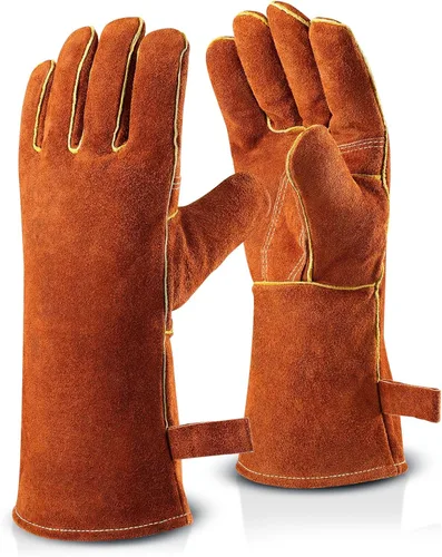 Miniatura 10 de OZERO Guantes de soldadura resistentes al calor 932°F de cuero de vaca de 16 pulgadas, manga larga y forro aislante, guantes de barbacoa