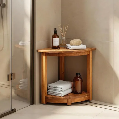 Miniatura 2 de VICTORY RELAX Estante esquinero de madera de acacia para ducha interior, banco de ducha impermeable y reposapiés para afeitarse las piernas, asiento