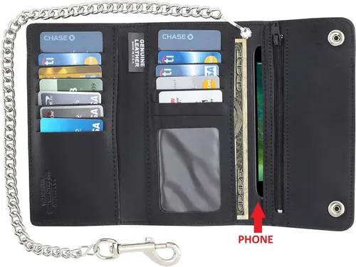 Miniatura 2 de Cartera de cuero de vaca de estilo largo vintage con bloqueo RFID para hombre, con cadena para tarjeteros, fabricada en Estados Unidos