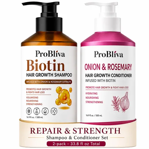 ProBliva Biotin Shampoo and Onion Conditioner Set para adelgazar el cabello en adultos mayores de 30 años – Dúo fortalecedor reduce el