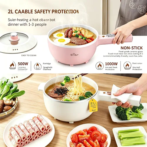 Miniatura 3 de Bear Olla caliente antiadherente 2L, 1000W Olla de cocina portátil multifuncional, fideos rápidos eléctricos, sartenes antiadherentes para carne