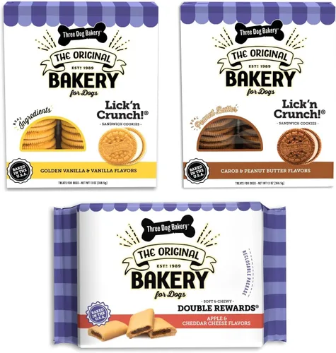 Three Dog Bakery Classic Cookies - Paquete variado de golosinas para perros, mantequilla de maní, vainilla y algarroba crujientes para perros,