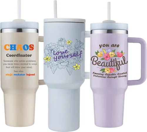 Miniatura 10 de Vaso personalizable de 40 onzas con asa y tapa con pajilla, regalos inspiradores para mujeres, colores vivos, acero inoxidable con aislamiento