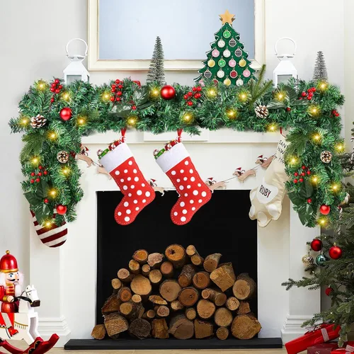 Miniatura 2 de Beinhome Guirnalda de Navidad Preiliminada de 9 Pies, Guirnalda Artificial de Puerta de Navidad con Temporizador de Luces, Decoraciones de Guirnalda