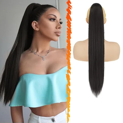 Miniatura 31 de BARSDAR Extensión de cola de caballo corta y recta - Extensiones de pelo con cordón de 16 pulgadas, rubio para mujeres - Extensiones de pelo Rubio