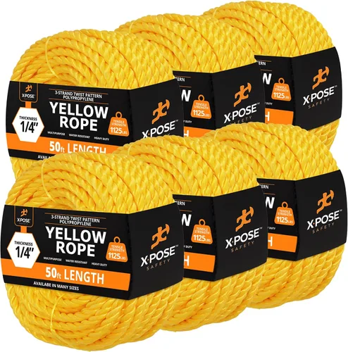 Miniatura 70 de Cuerda de polipropileno trenzado amarilla, 1/2 pulgada de grosor x 50 pies de largo, cuerdas de polietileno resistentes para uso en exteriores