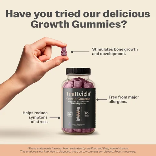 Miniatura 5 de TruHeight Gomitas de crecimiento (uva) Suplemento nutricional alto para el crecimiento natural para niños y adolescentes – Vitamina D, K, calcio