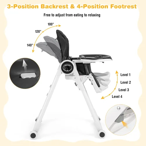Miniatura 3 de BABY JOY Silla alta para bebés y niños pequeños, silla alta plegable con respaldo/reposapiés/altura del asiento, bandejas extraíbles dobles, cojín