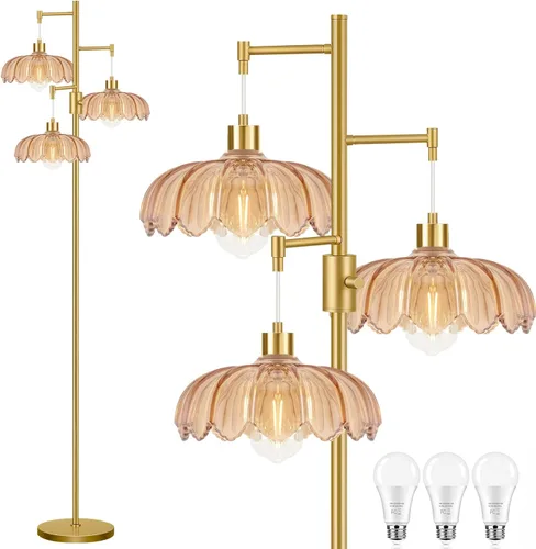 Miniatura 19 de Lámparas de pie doradas para sala de estar lámpara de pie vintage con forma de L de vidrio y tres bombillas led, lámpara de pie verde de latón