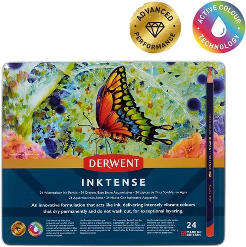 Miniatura 3 de Derwent Inktense - Juego de 24 lápices en caja metálica, núcleo redondo de 4mm, firme, soluble en agua, ideal para acuarela, ilustrar, colorear